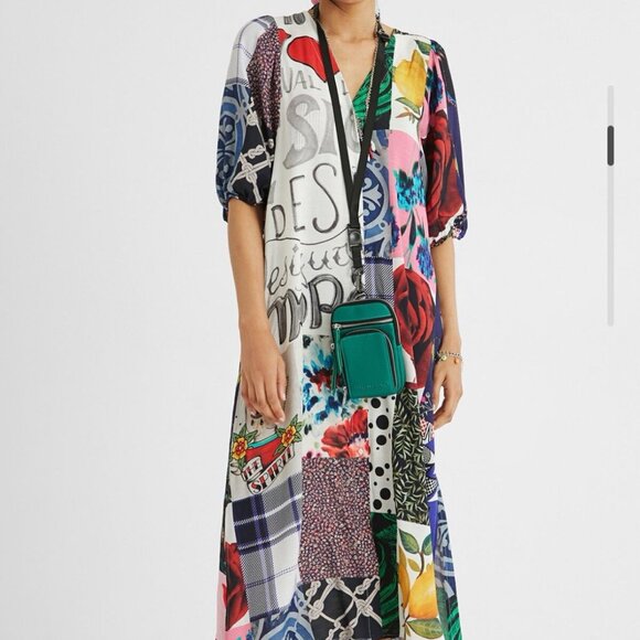 Desigual Dresses & Skirts - Desigual Patchwork Poof Sleeve Button Front Midi Dress sz XS Rose Tattoo Seer